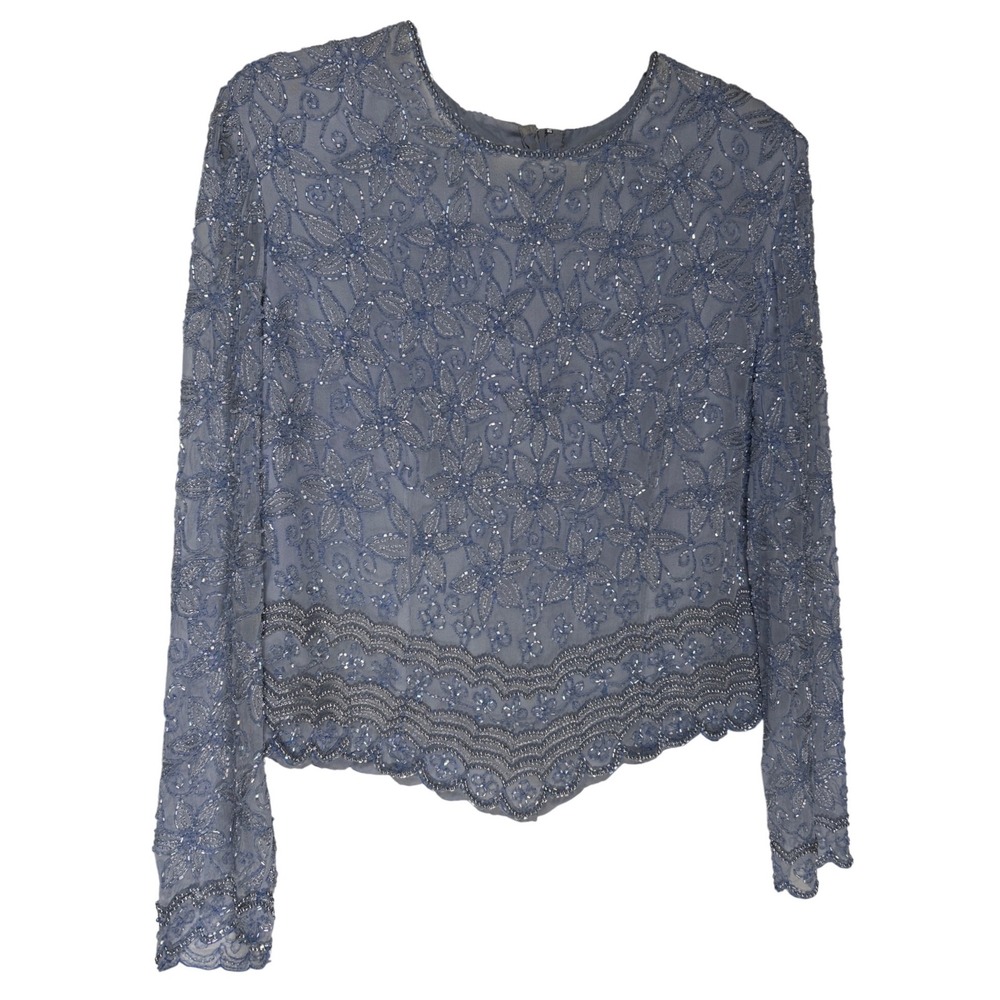 Drapers & Damons Petites Silk Beaded Floral Blouse Blue Scalloped Hem P10